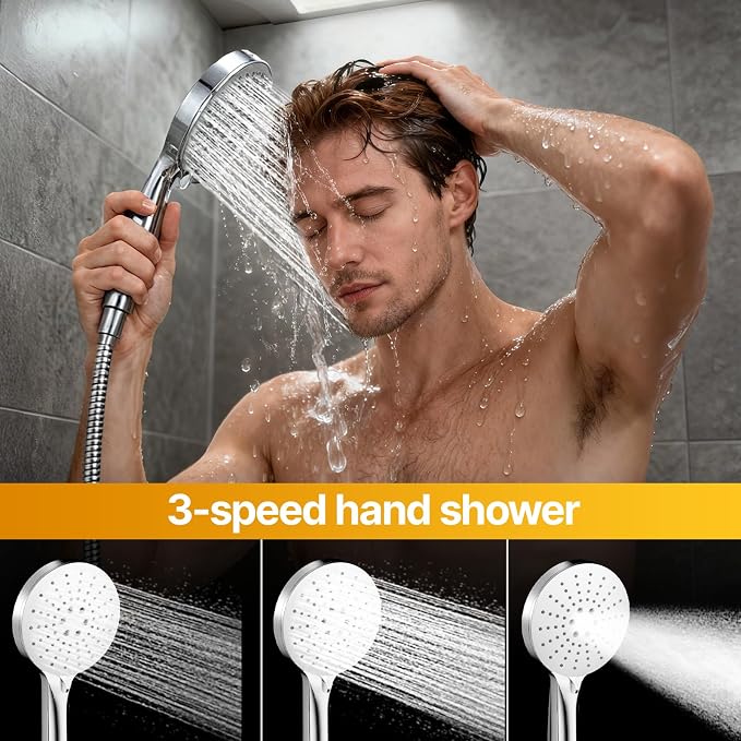 Shower Faucet Set 12IN Brass Rough-In Valve Body Trim Kit Rainfall Included Handle Accessories Complete 2 Functions with Rain Head and Handheld Bathroom Systems (12'', Chrome Polished)