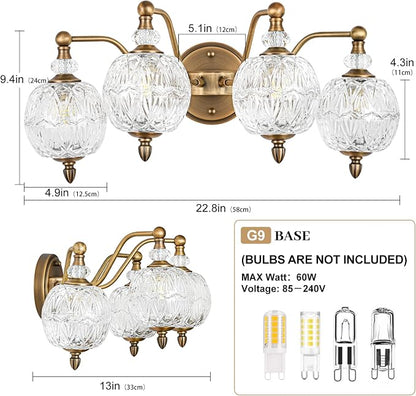 Vintage Bathroom Vanity Light, 4-Light Mid Century Matte Antique Brass Finish Wall Sconce with Globe Glass Shades, Retro Mirror Light for Bathroom, Powder Room