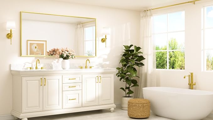 Brushed Gold Mirror Beveled Frame 72" x 36" Large Brass Gold Rectangle Bathroom Vanity Wall Mirror for Over Sink, Modern Farmhouse, Tempered Glass, Shatterproof, Stronger Frame
