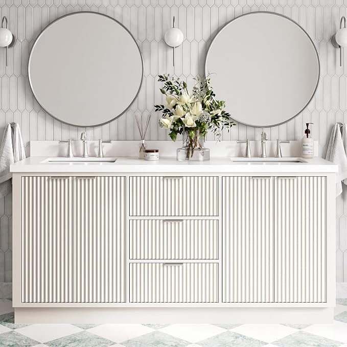 ARIEL Milan 72-inch Bathroom Vanity with Sink,Solid Wood, 1.5-inch Pure White Quartz Countertop & Backsplash, Double Rectangular Porcelain Sink, 4 Soft Closing Doors, 3 Dovetail Drawers, Warm White