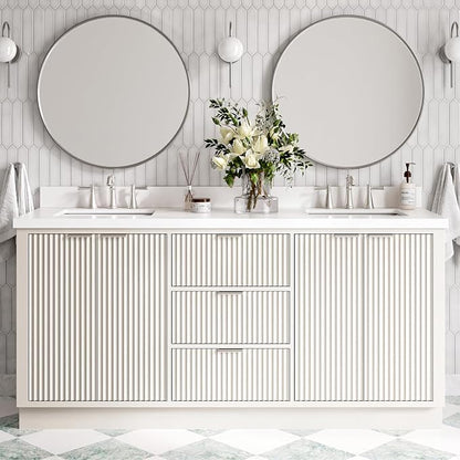 ARIEL Milan 72-inch Bathroom Vanity with Sink,Solid Wood, 1.5-inch Pure White Quartz Countertop & Backsplash, Double Rectangular Porcelain Sink, 4 Soft Closing Doors, 3 Dovetail Drawers, Warm White