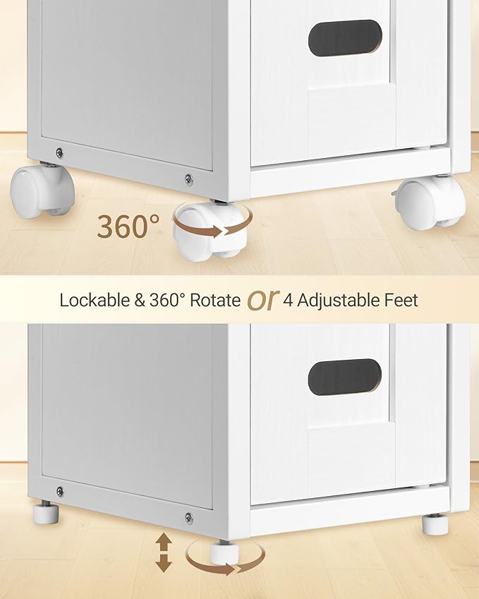 Bathroom Storage Cabinet - Toilet Paper Storage Cabinet, Small Toilet Paper Holder with 4 Wheels, Bathroom Organizer with Adjustable Shelf, for Small Spaces, White BC04613W