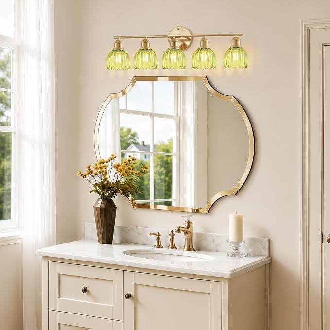Bathroom Light Fixtures, 5-Light Brushed Gold Vanity Lights for Bathroom with Green Tulip Glass Shade, 30" Vintage Bathroom Vanity Lighting Fixtures Over Mirror for Bedroom Living Room Hallway