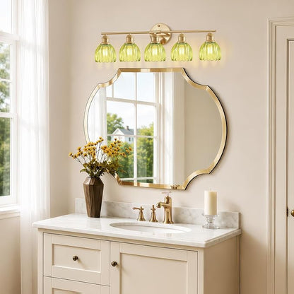 Bathroom Light Fixtures, 5-Light Brushed Gold Vanity Lights for Bathroom with Green Tulip Glass Shade, 30" Vintage Bathroom Vanity Lighting Fixtures Over Mirror for Bedroom Living Room Hallway