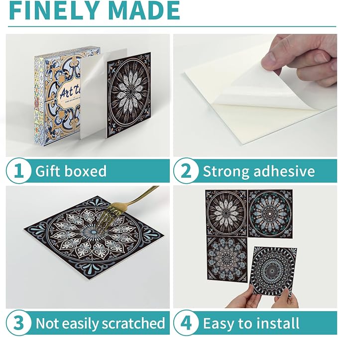 6X6 in Mandala Tile Stickers,12Pcs Wall Tile Decals | 1.6mm-Thick Foam+PE Tiles,Self Adhesive Backsplash Tile,Waterproof Removable Wall Decor for Kitchen,Bathroom