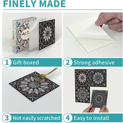6X6 in Mandala Tile Stickers,12Pcs Wall Tile Decals | 1.6mm-Thick Foam+PE Tiles,Self Adhesive Backsplash Tile,Waterproof Removable Wall Decor for Kitchen,Bathroom