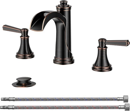 FORIOUS Oil Rubbed Bronze Bathroom Faucet 3 Hole or 8 Inch Widespread Tap, 2 Handle Brass Waterfall Faucet for Bathroom Sink 3 Hole with Mteal Pop-up Drain and CUPC Supply Line, for 6-12” ORB Vanity