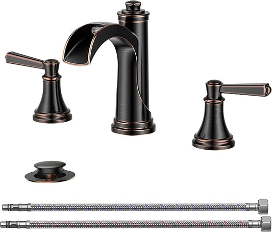 FORIOUS Oil Rubbed Bronze Bathroom Faucet 3 Hole or 8 Inch Widespread Tap, 2 Handle Brass Waterfall Faucet for Bathroom Sink 3 Hole with Mteal Pop-up Drain and CUPC Supply Line, for 6-12” ORB Vanity