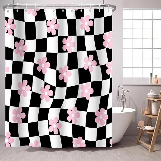 Black White Shower Curtain Pink Flower Abstract Checkered Plaid Groovy,Vintage Shower Curtains Bathroom Accessories 72x72 Inches