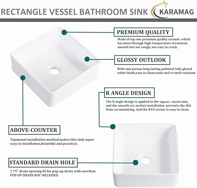 Vessel Sink Rectangular 12 Inch Bathroom Sink Square Small Sinks 11.8"x11.8" Modern Above Counter Porcelain Ceramic Vessel Vanity Sink Art Basin