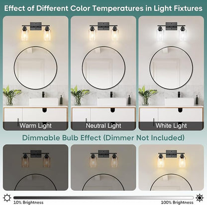 Ascher Bathroom Light Fixtures, 2-Light Vanity Light Over Mirror, Matte Black Wall Sconces with Clear Glass Shades, Wall Lamp for Living Room Bedroom, E26 Base(Bulbs Not Included)