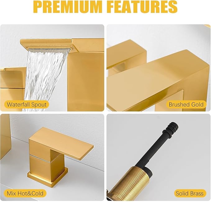 BESy Waterfall Bathroom Faucets 3 Hole Square 8 Inch Widespread Bathroom Sink Faucet Vanity 2 Handle Widespread for Restroom Sink with Pop Up Drain cUPC Supply Hose Brushed Gold