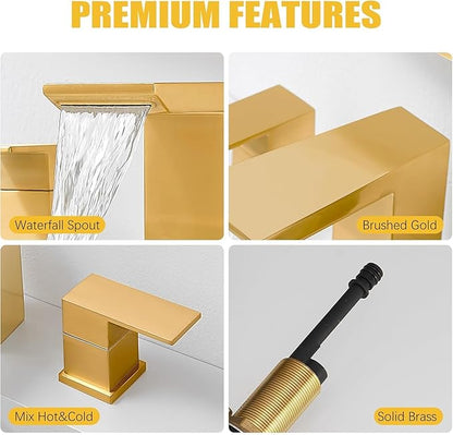 BESy Waterfall Bathroom Faucets 3 Hole Square 8 Inch Widespread Bathroom Sink Faucet Vanity 2 Handle Widespread for Restroom Sink with Pop Up Drain cUPC Supply Hose Brushed Gold