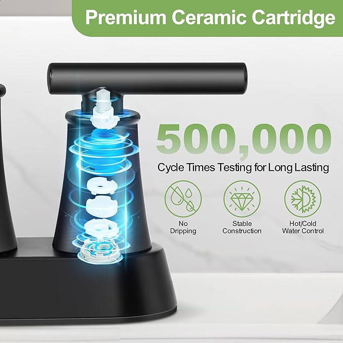 Herogo Matte Black Bathroom Sink Faucet for 3 Holes, 4 Inch Centerset Bathroom Faucet 2-Handle with Pop-Up Drain & Supply Hoses, 18/10 Stainless Steel, for RV Vanity Lavatory