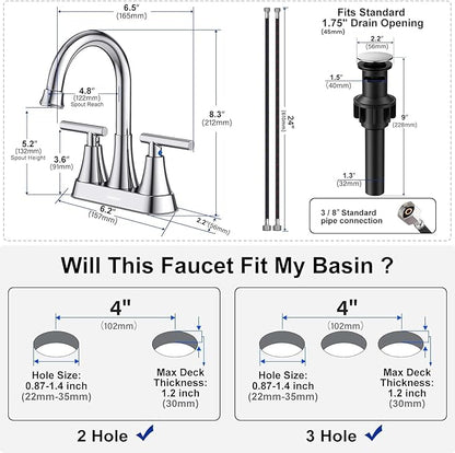 Bathroom Faucets for Sink 3 Hole, Hurran 4 inch Chrome Bathroom Sink Faucet with Pop-up Drain and Supply Hoses, Stainless Steel Lead-Free Centerset Utility Faucet for Vanity RV, 2 Pack