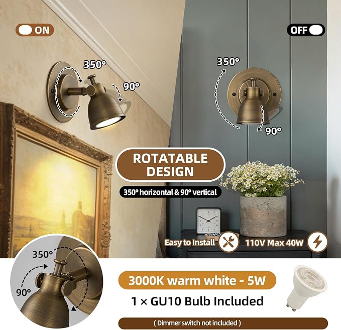 Bronze Small Wall Sconce Hardwired Single - Vintage Brass Mini Bell Light | Adjustable Art Deco Fixture with Dimmable Bulb, for Bedside Reading Bedroom Hallway Kitchen Bathroom Vanity Picture Light