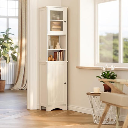 Gizoon 67.1" Tall Bathroom Storage Cabinet with Adjustable Shelves | Narrow Tall Linen Tower with Open Shelves, Two-way Doors, Anti-Tip, for Home, Kitchen, Living Room, White