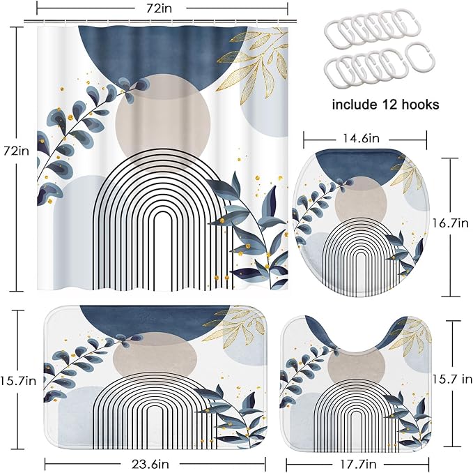 Bathroom Sets with Shower Curtain and Rugs, 4 Pcs, Boho Leaves | Minimalist Plant Abstract Bathroom Decor Set with Toilet Lid Cover, Non-Slip Bath Mats and Accessories 12 Hooks