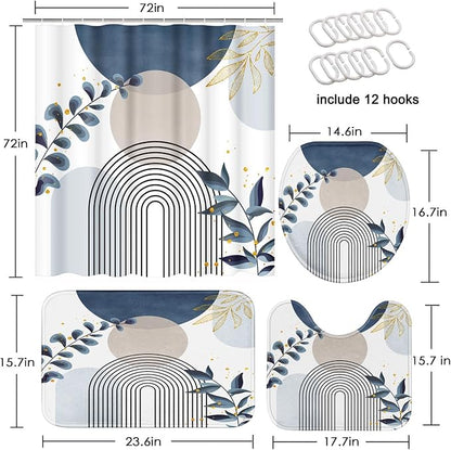Bathroom Sets with Shower Curtain and Rugs, 4 Pcs, Boho Leaves | Minimalist Plant Abstract Bathroom Decor Set with Toilet Lid Cover, Non-Slip Bath Mats and Accessories 12 Hooks