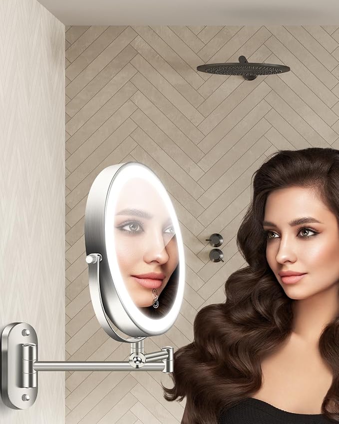 9'' 30X/1X Wall Mounted Height Adjustable Lighted Magnifying Makeup Mirror | 5000mAh Rechargeable Bathroom Mirror with 3 Color Modes Light, Extended Arm Space Saving for Apartment, Hotel, Rental House