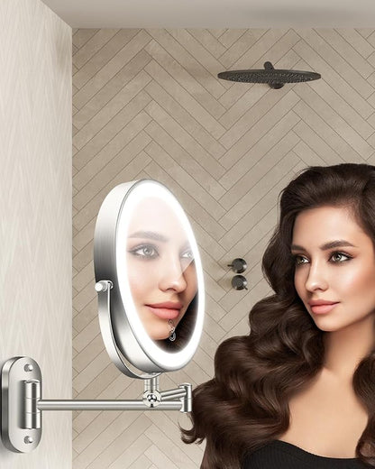 9'' 30X/1X Wall Mounted Height Adjustable Lighted Magnifying Makeup Mirror | 5000mAh Rechargeable Bathroom Mirror with 3 Color Modes Light, Extended Arm Space Saving for Apartment, Hotel, Rental House