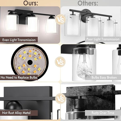 Quntis Black Bathroom Lighting Fixtures Over Mirror with 5 Color Modes, 4 Light Dimmable LED Bathroom Vanity Light, with Eye Care Milk White Frosted Glass, 28W Energy Saving, 27 Inch (Bulbs Included)