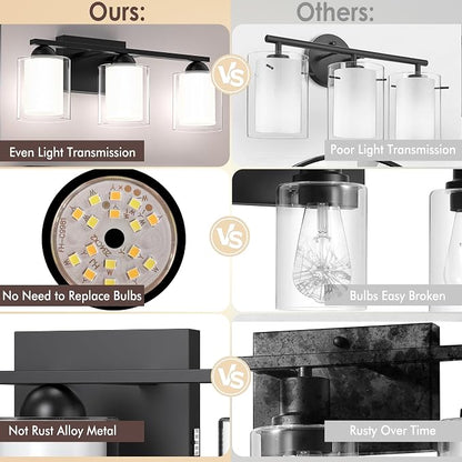 Quntis Black Bathroom Lighting Fixtures Over Mirror with 5 Color Modes, 3 Light Dimmable LED Bathroom Vanity Light, with Eye Care Milk White Frosted Glass, 21W Energy Saving, 16 Inch (Bulbs Included)