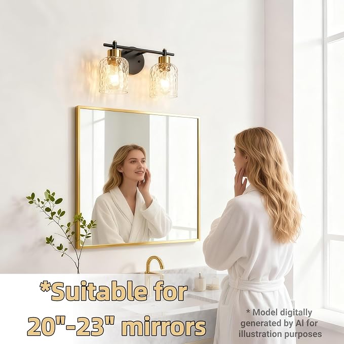 2 Light Black and Brass Vanity Light with Hammered Glass over Mirror Makeup | 13.7" Black and Gold Farmhouse Bathroom Light Fixtures, Vanity Lighting Fixtures, Rustic Vanity Lights for Bathroom Lights