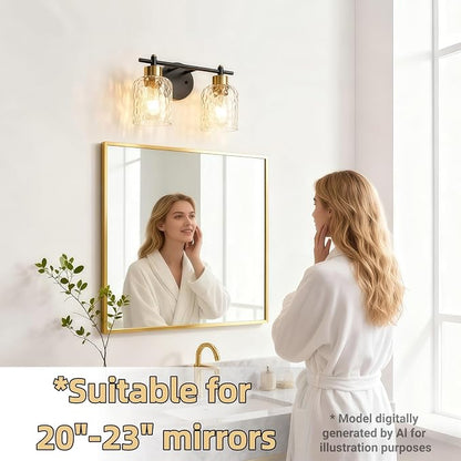 2 Light Black and Brass Vanity Light with Hammered Glass over Mirror Makeup | 13.7" Black and Gold Farmhouse Bathroom Light Fixtures, Vanity Lighting Fixtures, Rustic Vanity Lights for Bathroom Lights