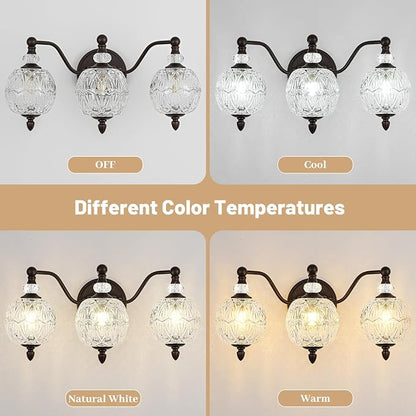 Vintage Bathroom Vanity Light, 3-Light Mid Century Oil Rubbed Bronze Finish Wall Sconce with Globe Glass Shades, Retro Mirror Light for Bathroom, Powder Room
