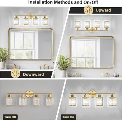 4 Light Bathroom Light Fixtures, Modern Crystal Vanity Lights over Mirror | Metal Frame, Bathroom Light with Square Crystal Shade, ETL Certified, E26 Ceramic Socket, Bulbs Not Included