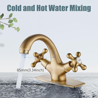 Aolemi Bathroom Sink Faucet Single Hole Cold and Hot Double Handle Cross Knobs Vanity Vessel Sink Basin Mixer Tap with Deck Cover Plate with Pop Up Drain Antique Brass