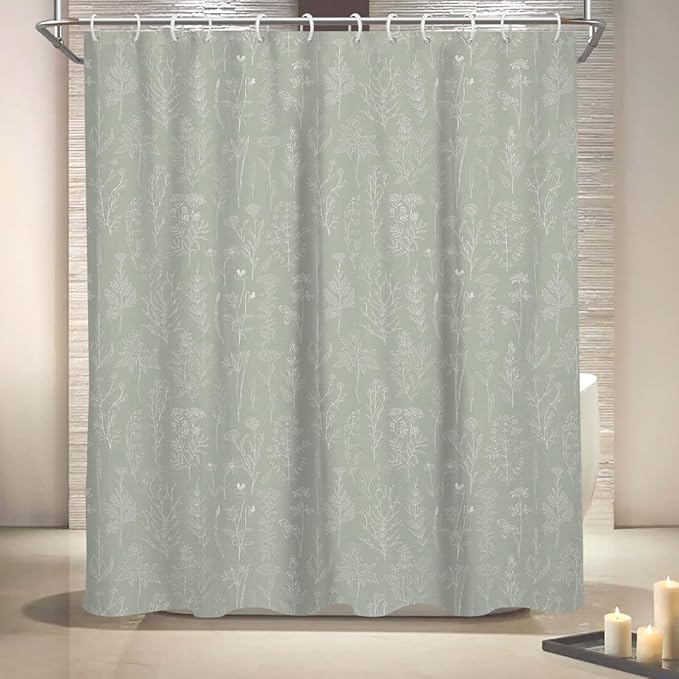 Coxila Vintage Floral Shower Curtain Green Flower Retro Spring Botanical Plants Country Cute Boho Rustic Farmhouse Wildflower Aesthetic Bathroom 60 x 72 Inch Polyester Fabric 12 Pack Hooks
