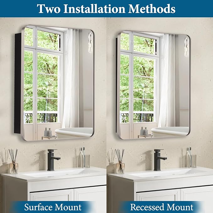 20’’x26’’ Medicine Cabinet,Metal Framed Medicine Cabinet Mirror with Round Corner,Recessed and Surface Mount Bathroom Mirror with Storage, Removeable Shelves,Sliver