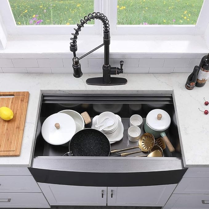 KINGO HOME 33 inch Black Farmhouse Sink, 16 Gauge Double Ledges Stainless Steel Farmhouse Kitchen Workstation, Apron Front Deep Single Bowl Kitchen Farm Farmer Style Sinks 33"x20"x9