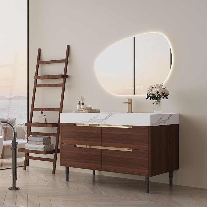 36" Bathroom Vanity with Undermount Sink Set, Modern 2-IN-1 Wall Mounted & Freestanding Bathroom Vanities Cabinet with Sintered Stone top&4 Storage Drawers, Walnut Single Bathroom Sink Cabinet