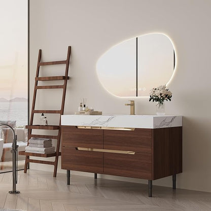 36" Bathroom Vanity with Undermount Sink Set, Modern 2-IN-1 Wall Mounted & Freestanding Bathroom Vanities Cabinet with Sintered Stone top&4 Storage Drawers, Walnut Single Bathroom Sink Cabinet