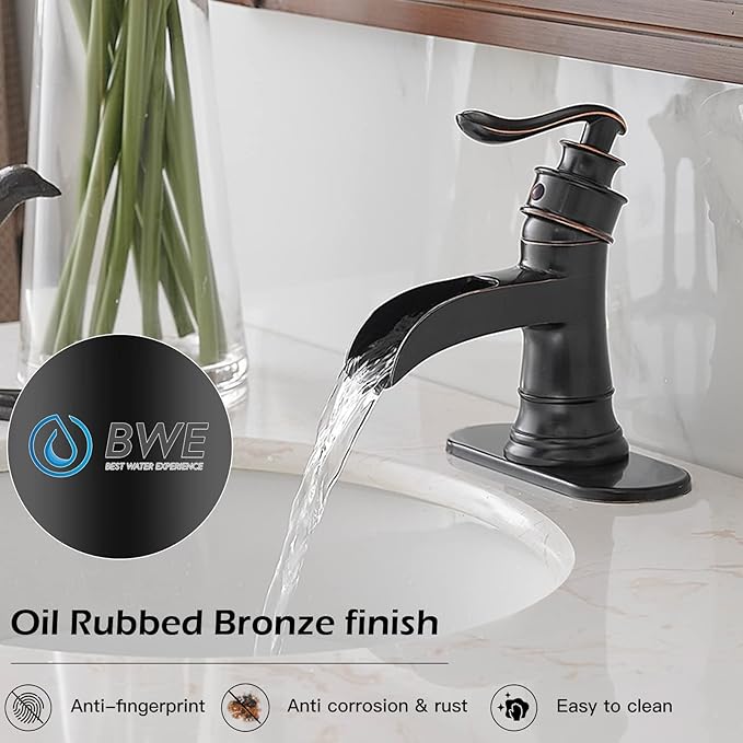 BWE Waterfall Bathroom Faucet Oil Rubbed Bronze Single-Handle One Hole Sink Faucet Farmhouse Bath Vanity Lavatory Restroom Faucets Antique