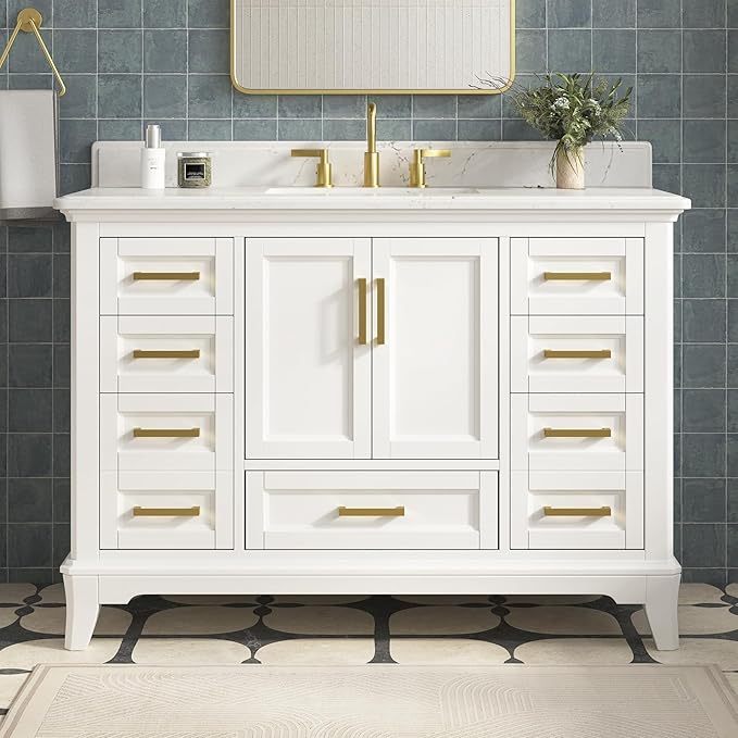 48 Inch Bathroom Vanity with Sink, Farmhouse Bathroom Vanity Set with Quartz Countertop, Painted Bathroom Storage Cabinet with Soft Closing Doors & Dovetail Pine Drawers, White