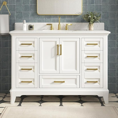 48 Inch Bathroom Vanity with Sink, Farmhouse Bathroom Vanity Set with Quartz Countertop, Painted Bathroom Storage Cabinet with Soft Closing Doors & Dovetail Pine Drawers, White