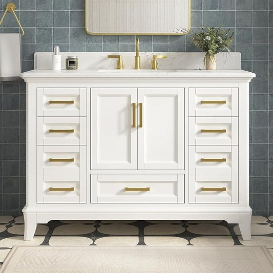 48 Inch Bathroom Vanity with Sink, Farmhouse Bathroom Vanity Set with Quartz Countertop, Painted Bathroom Storage Cabinet with Soft Closing Doors & Dovetail Pine Drawers, White