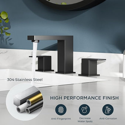 FORIOUS Matte Black Bathroom Faucet 3 Hole, 8 Inch Widespread Square Bathroom Sink Faucet with Metal Pop-Up Drain and cUPC Supply Lines Included for Restroom, Lavatory, Basin, Restroom and Mall