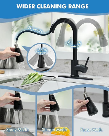 VFAUOSIT Kitchen Faucet with Escutcheons and Soap Dispenser, 3-Mode Black Stainless Steel Kitchen Faucet Escutcheons for 2 to 4-Hole Bar Laundry RV Utility Sink