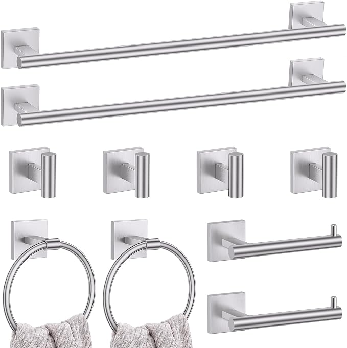 Lairuier 10-Piece Brushed Nickel Bathroom Accessories, Towel Bar Set | Bathroom Hardware Set Includes SUS304 23.6" Towel Bar, Towel Ring, Toilet Paper Holder and Towel Hooks Wall Mounted