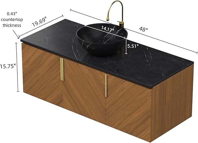48 Inch Bathroom Vanity with Single Sink, Floating Bathroom Vanity with Vessel Sink, Modern Bathroom Vanity Cabinet with 3 Doors, Sintered Stone Countertop and Bowl Basin, Brown Oak