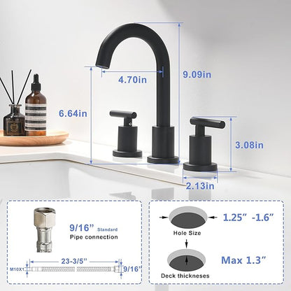Two Handle Widespread Bathroom Sink Faucet - 3 Hole Vanity Faucet with Pop-Up Drain & cUPC Faucet Supply Lines, 8 Inch Black Bathroom Sink Faucet