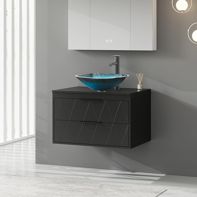 eclife 30" Floating Bathroom Vanities with Sink Combo, Wall Mounted Modern Cabinet W/Diamond Line Pattern Design, Turquoise Square Glass Vessel Sink W/Water Save Faucet & Pop Up Drain, Black