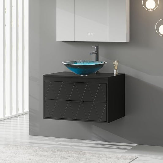 eclife 30" Floating Bathroom Vanities with Sink Combo, Wall Mounted Modern Cabinet W/Diamond Line Pattern Design, Turquoise Square Glass Vessel Sink W/Water Save Faucet & Pop Up Drain, Black