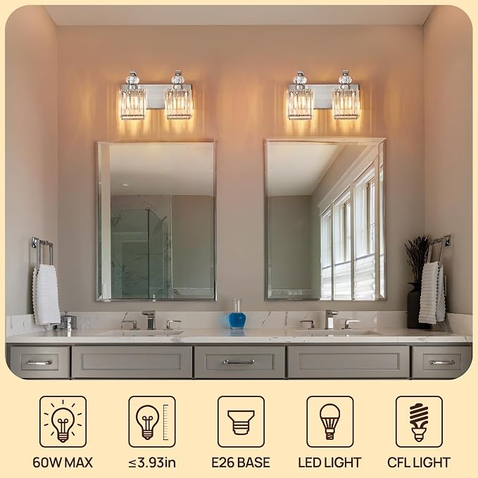 Modern Bathroom Vanity Light, 2-Light Nickel Bathroom Lighting Fixtures Over Mirror, 12.6" Crystal Wall Light Sconce for Bathroom/Bedroom/Vanity, Includes LED Bulbs, Easy Installation