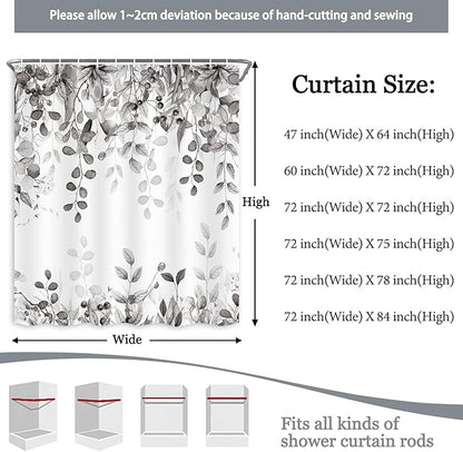 Long Gray Eucalyptus Shower Curtain 72X78 Inch, Black and White Watercolor Plants Leaves Tall Bathroom Curtains, Botanical Foliage Waterproof Fabric Cloth Shower Curtain Set with Hooks